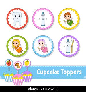 Garnitures pour cupcakes. Ensemble de six photos rondes. personnages de dessins animés. Image mignonne. Pour anniversaire, py, baby shower. Illustration de Vecteur