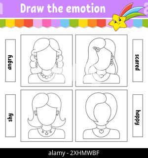 Dessinez l'émotion. Fiche de travail remplir le visage. Livre de coloriage pour enfants. Caractère joyeux. Illustration vectorielle. Silhouette de contour noire. Isolé sur Illustration de Vecteur