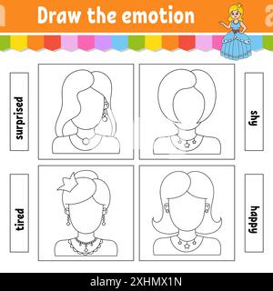 Dessinez l'émotion. Fiche de travail remplir le visage. Livre de coloriage pour enfants. Caractère joyeux. Illustration vectorielle. Silhouette de contour noire. Isolé sur Illustration de Vecteur