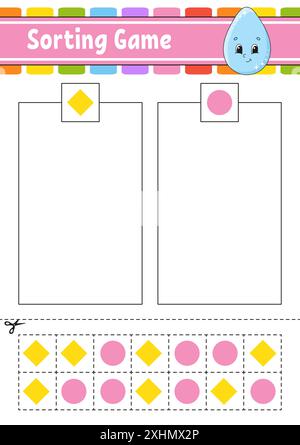 Jeu de tri. Formes et couleurs. Couper et coller. Feuille de travail de développement de l'éducation. Jeu pour enfants. Page d'activité couleur. Puzzle pour enfants. Personnage mignon Illustration de Vecteur