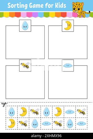 Jeu de tri. Formes et couleurs. Couper et coller. Feuille de travail de développement de l'éducation. Jeu pour enfants. Page d'activité couleur. Puzzle pour enfants. Personnage mignon Illustration de Vecteur