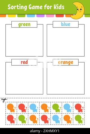 Jeu de tri. Formes et couleurs. Couper et coller. Feuille de travail de développement de l'éducation. Jeu pour enfants. Page d'activité couleur. Puzzle pour enfants. Personnage mignon Illustration de Vecteur