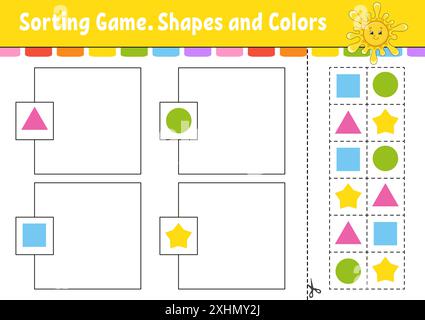 Jeu de tri. Formes et couleurs. Couper et coller. Feuille de travail de développement de l'éducation. Jeu pour enfants. Page d'activité couleur. Puzzle pour enfants. Personnage mignon Illustration de Vecteur