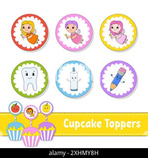 Garnitures pour cupcakes. Ensemble de six photos rondes. personnages de dessins animés. Image mignonne. Pour anniversaire, py, baby shower. Illustration de Vecteur