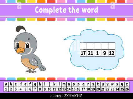 Complétez les mots. Code de chiffrement. Apprentissage du vocabulaire et des chiffres. Feuille de travail sur la formation. Page d'activité pour l'étude en anglais. Illustration vectorielle isolée. Illustration de Vecteur