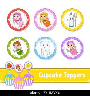 Garnitures pour cupcakes. Ensemble de six photos rondes. personnages de dessins animés. Image mignonne. Pour anniversaire, py, baby shower. Illustration de Vecteur