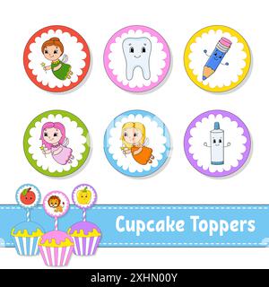 Garnitures pour cupcakes. Ensemble de six photos rondes. personnages de dessins animés. Image mignonne. Pour anniversaire, py, baby shower. Illustration de Vecteur