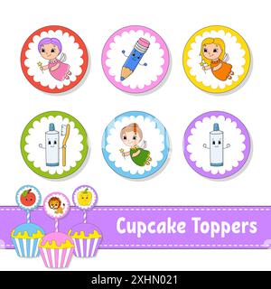 Garnitures pour cupcakes. Ensemble de six photos rondes. personnages de dessins animés. Image mignonne. Pour anniversaire, py, baby shower. Illustration de Vecteur