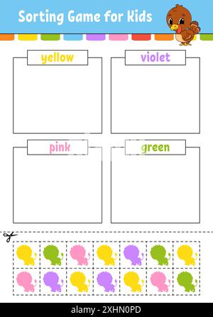 Jeu de tri pour enfants. Couper et coller. Feuille de travail de développement de l'éducation. Jeu d'appariement pour enfants. Page d'activité couleur. Puzzle pour enfants. Personnage mignon. Illustration de Vecteur