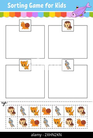 Jeu de tri pour enfants. Couper et coller. Feuille de travail de développement de l'éducation. Jeu d'appariement pour enfants. Page d'activité couleur. Puzzle pour enfants. Personnage mignon. Illustration de Vecteur