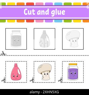 Couper et coller. Jeu pour enfants. Feuille de travail de développement de l'éducation. Page d'activité couleur. personnage de dessin animé. Illustration de Vecteur