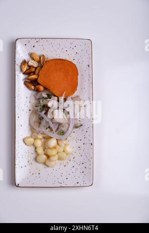 Nourriture traditionnelle péruvienne appelée ceviche, faite de poisson, vue d'en haut. Banque D'Images