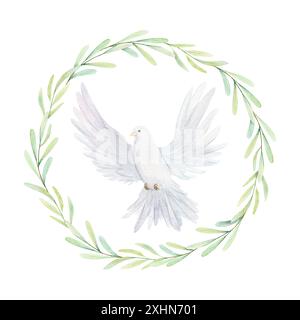 Aquarelle colombe blanche et branches d'olivier. Oiseaux blancs dans une couronne de laurier. Pince à pigeon Illustration dessinée à la main isolée sur fond. Décoratif de Banque D'Images