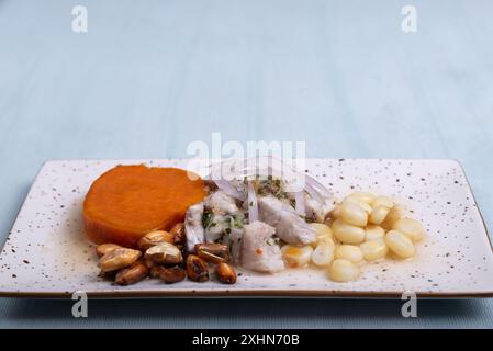 Plat représentatif de la gastronomie péruvienne appelé ceviche. Banque D'Images