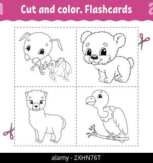 Couper et colorer. Jeu de cartes mémoire. Livre de coloriage pour enfants. Personnage de dessin animé mignon. Silhouette de contour noir. Isolé sur fond blanc. Illustration vectorielle Illustration de Vecteur