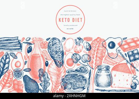 Modèle de conception Keto Diet. Bannière de nourriture saine dessinée par vecteur à la main. Illustration du menu cétogène de style vintage. Illustration de Vecteur