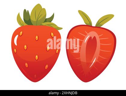Ensemble de fraises fraîches vives entières, la moitié de fraise et coupées en tranches. Isolé sur fond blanc. Style dessin animé. Illustration de Vecteur