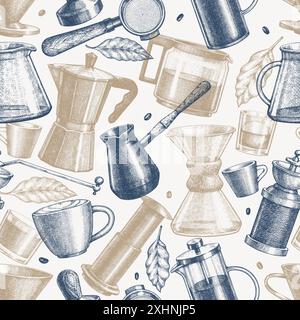 Autres modèles de cafetière sans couture. Vector dessin main fond de l'équipement de café de spécialité. Design de bar à café de style vintage Illustration de Vecteur