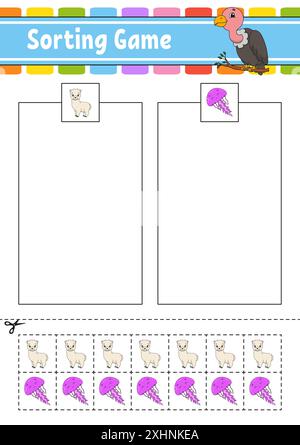 Jeu de tri pour enfants. Couper et coller. Feuille de travail de développement de l'éducation. Jeu d'appariement pour enfants. Page d'activité couleur. Puzzle pour enfants. Personnage mignon. Illustration de Vecteur