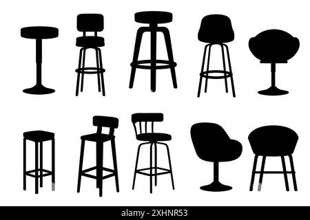 Ensemble de silhouette noire de différents types de meubles de chaises pour le hall, le bar et l'illustration vectorielle des hôtels isolé sur fond blanc. Illustration de Vecteur