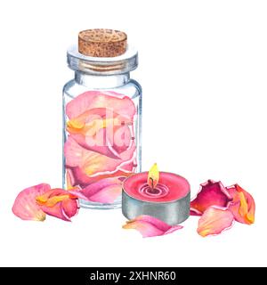 Pétales de rose roses dans une bouteille en verre et une bougie arôme. Illustration aquarelle dessinée à la main d'une petite fiole dans des couleurs pastel isolé sur fond. SPA tre Banque D'Images