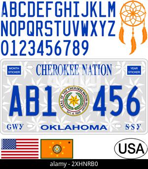 Modèle de plaque d'immatriculation de voiture de Cherokee Nation Oklahoma, lettres, chiffres et symboles, illustration vectorielle, États-Unis Illustration de Vecteur