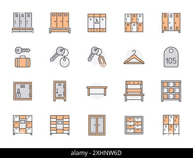 Icônes de ligne plate du vestiaire définies. Gymnase, casiers d'école, bureau automatique de bagages à gauche, illustrations vectorielles d'étiquette de clé. Dessinez le pictogramme des effets personnels Illustration de Vecteur