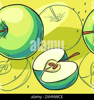Modèle sans couture dessiné à la main pomme verte fraîche avec des graines. Fruits entiers et coupés en deux dans le style doodle. Illustration vectorielle. Illustration de Vecteur