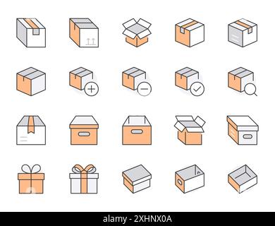 Ensemble d'icônes de ligne de cadre. Carton, boîtes en carton, emballage produit, cadeau, colis illustrations vectorielles minimales. Présentation simple des affiches pour le service de livraison Illustration de Vecteur