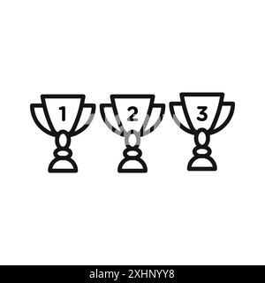 Premier deuxième troisième prix icône de coupe de trophée Black line art vector en noir et blanc contour set signe de collection Illustration de Vecteur