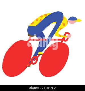 Illustration vectorielle de style de dessin animé de cycliste en tenue jaune et bleue chevauchant un vélo rouge avec des roues rouges surdimensionnées, sur fond blanc, soulignant Illustration de Vecteur