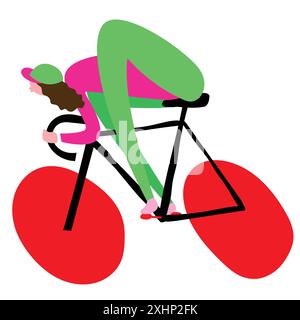 Illustration abstraite de cycliste aux membres allongés en tenue rose et verte, chevauchant un vélo noir avec des roues rouges surdimensionnées, penché en avant Illustration de Vecteur