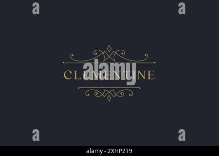 Modèle de conception de logo de ligne classique dorée fleurie de luxe pour illustration vectorielle d'hôtel boutique. Logotype ornemental courbé haut de gamme cher pour beau Illustration de Vecteur