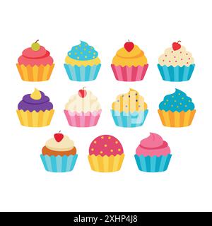 Délicieux cupcake set différents types sur fond blanc Illustration de Vecteur