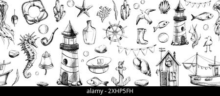 Animaux marins sous-marins, un phare et un bateau. Illustration de dessin au trait graphique en noir et blanc, dessiné à la main. Bordure horizontale sans couture Illustration de Vecteur