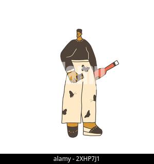 Homme avec bouteille de vin et téléphone. Caractère mignon avec boisson alcoolisée. Illustration vectorielle dessinée à la main isolée sur fond blanc. Illustration de Vecteur