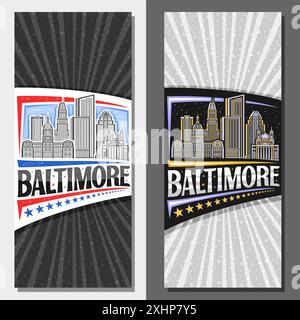 Dispositions verticales vectorielles pour Baltimore, dépliant décoratif avec illustration du paysage de la ville de baltimore sur fond de ciel de jour et de nuit, conception d'art à Illustration de Vecteur