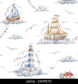 Motif aquarelle avec phare, voilier, guirlandes et nuages. Fond sans couture avec balise et yacht dans des couleurs pastel pour le papier peint de pépinière et la conception textile enfantine. Toile de fond pour bébé. Banque D'Images