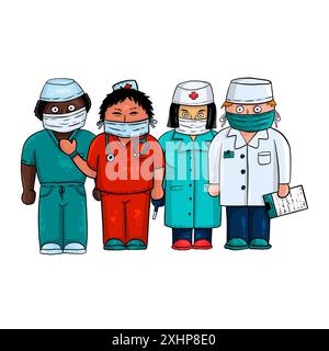 Quatre médecins de dessins animés en costumes multicolores et masques de protection. Dessin à main levée, numérique Banque D'Images