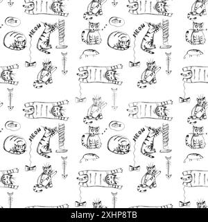 Les chats mignons font des choses différentes. Motif sans couture. Dessin au crayon noir et blanc. Banque D'Images