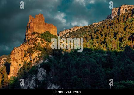 France, Aude, Padern, Château de Padern, Parc naturel régional des Corbières Fenouilledes, château construit sur un éperon rocheux dans un environnement montagneux au soleil Banque D'Images