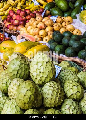 Fruits frais exposés sur un étal dans le Mercado do Lavradores à Funchal, Madère. Banque D'Images