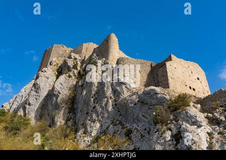 France, Aude, pays Cathare, Cucugnan, château de Queribus Cathare Banque D'Images