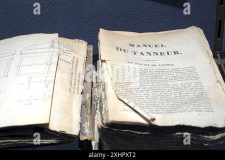 France, Jura, Dole, maison natale de Louis Pasteur, musée, Manuel du Tanneur qui appartenait à son père Banque D'Images