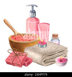 Bouteille cosmétique spa, sel de mer dans un bol, savon et serviette. Illustration aquarelle dessinée à la main de produits de soins du corps pour le bain sur fond blanc isolé. Banque D'Images