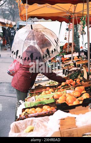 France, Finistère, Brest, par temps pluvieux, une femme prend refuge sous son parapluie au marché de quatre-moulins samedi matin Banque D'Images