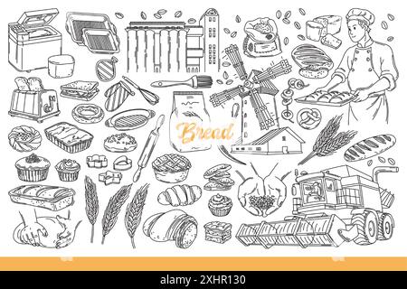 Production et consommation de pain à partir de blé et de céréales, pour la décoration de la boulangerie. Moissonneuse-batteuse agricole collectant des épillets du champ et du moulin produisant de la farine pour la cuisson du pain. Gribouille dessinée à la main Illustration de Vecteur