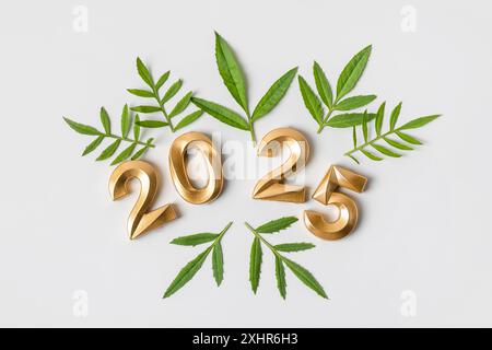 Numéros d'or et feuilles vertes sur fond gris. concept d'idée du nouvel an 2025. Design simple et propre bonne année 2025 et joyeux Noël. Pose à plat Banque D'Images