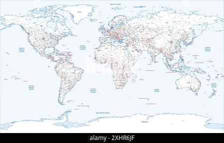 Plan du monde avec les pays étiquetés et la plupart des villes et des villages Illustration de Vecteur
