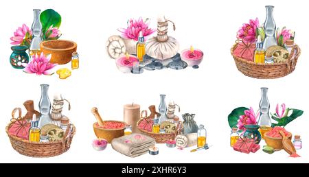 Cosmétiques de soins du corps pour Spa et massage. Ensemble d'illustrations à l'aquarelle dessinée à la main sur fond isolé. Dessin d'un produit de soin de la peau avec du lotus. Banque D'Images
